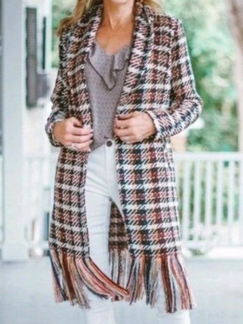 CAbi Regency Multi-Color Plaid Fringe Coat size Medium M
